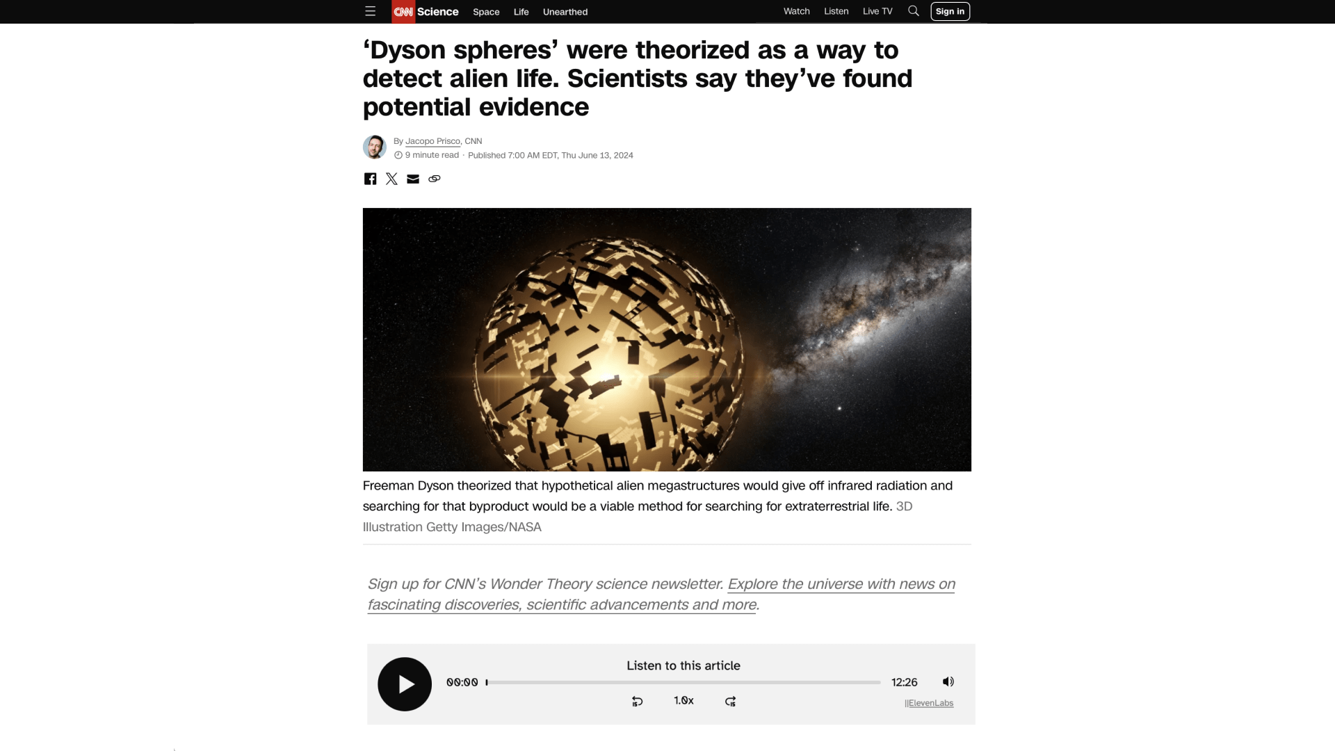 A screenshot of a CNN article featuring an Audio Native player